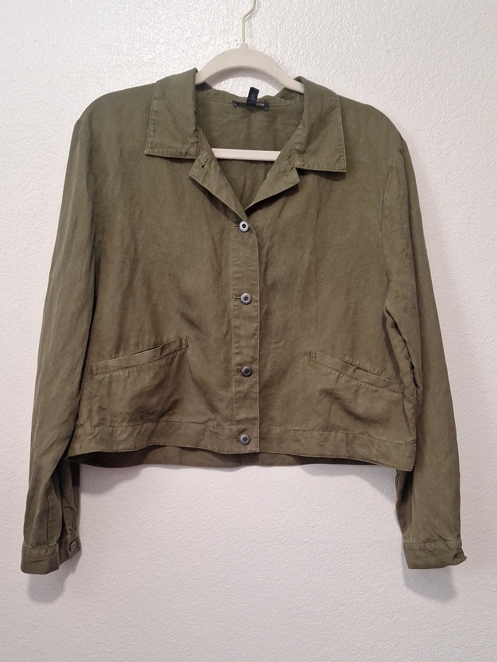 Eileen Fisher Olive Green Button-Front Cropped Utility Jacket, Medium